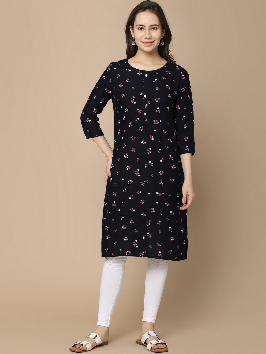 

V-Mart Round Neck Printed Straight Kurta, Blue