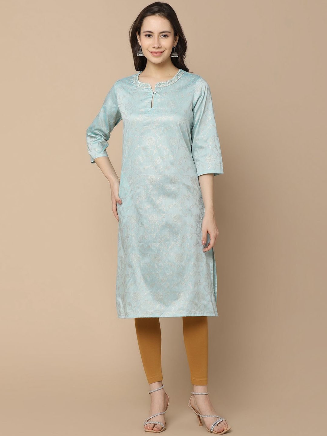

V-Mart Floral Woven Design Keyhole Neck Straight Kurta, Green