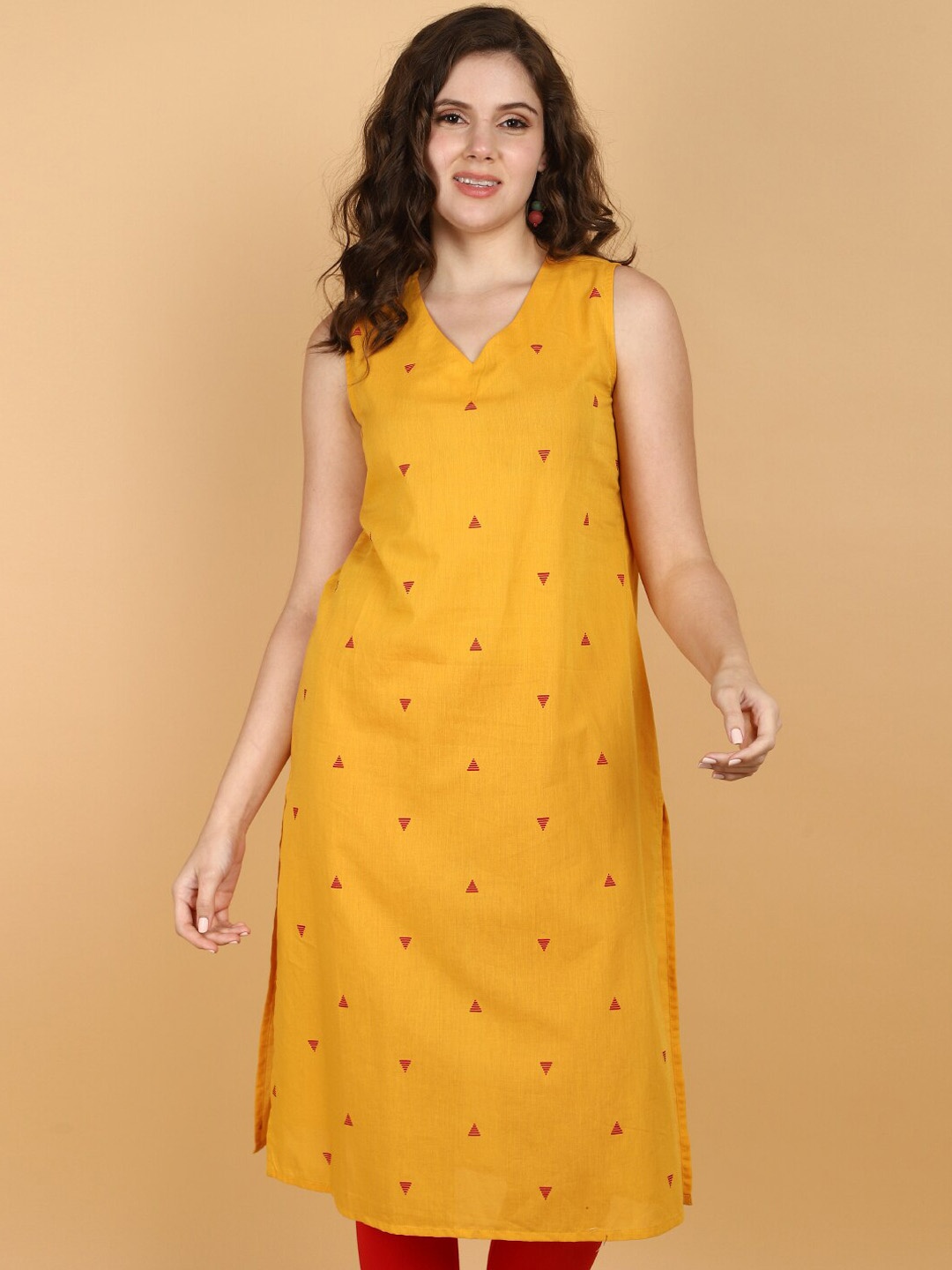 

V-Mart V Neck Sleeveless Geometric Printed Cotton Straight Kurta, Yellow