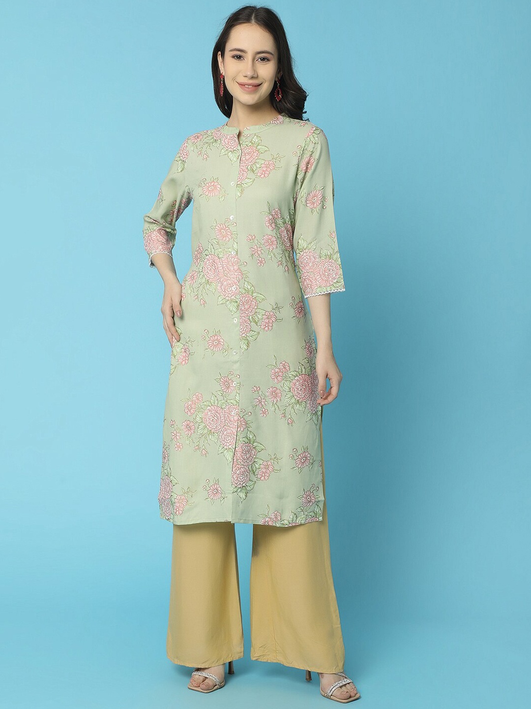 

V-Mart Three-Quarter Sleeves Mandarin Collar Kurta, Green