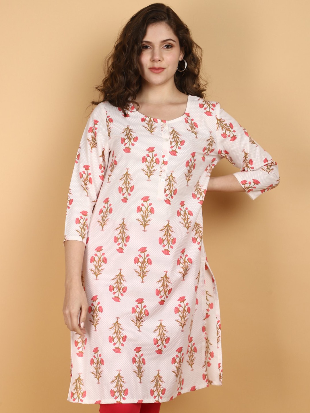 

V-Mart Ethnic Printed Round Neck Straight Kurta, Pink