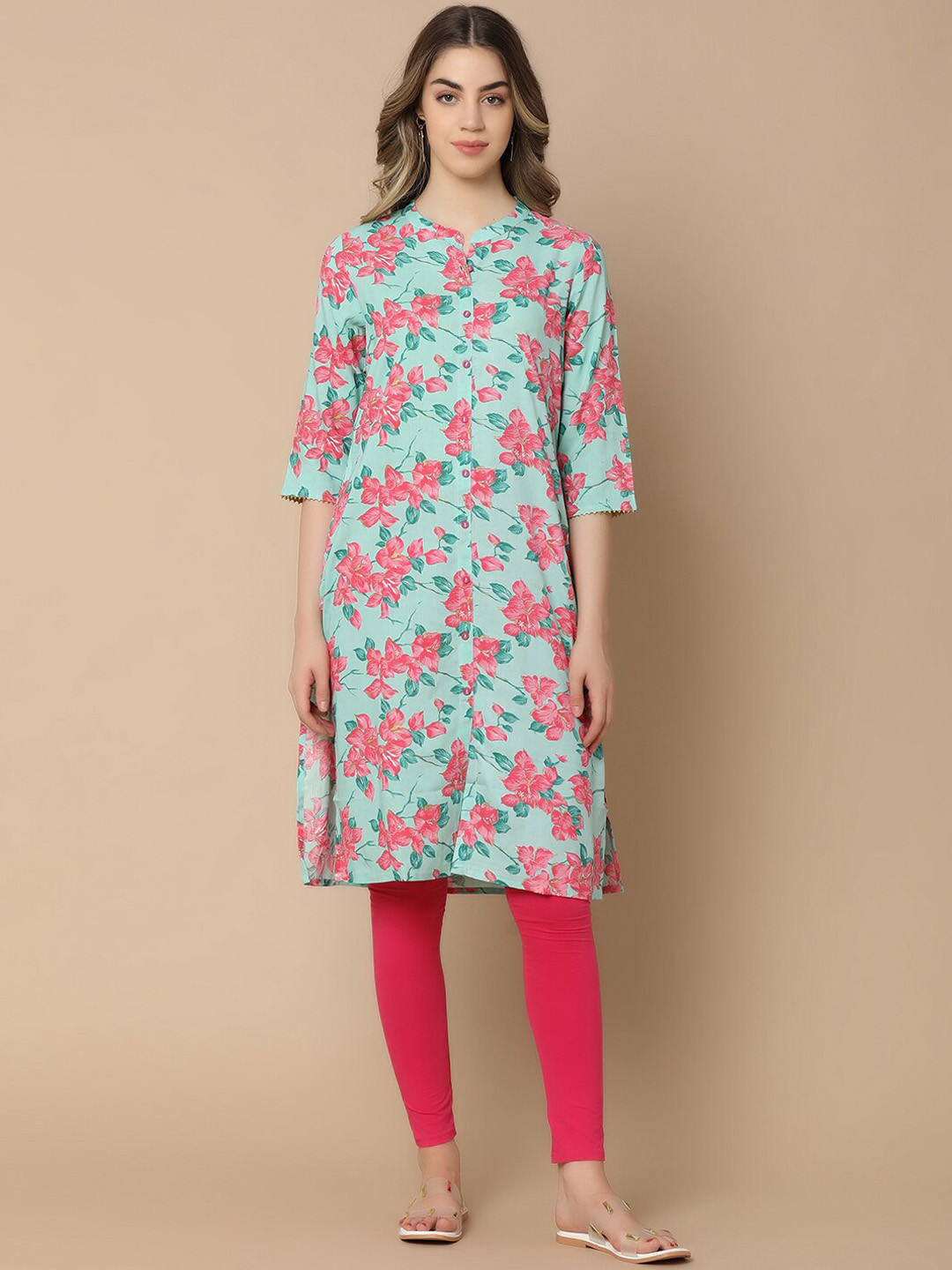 

V-Mart Mandarin Collar Floral Printed Viscose Rayon Straight Kurta, Green