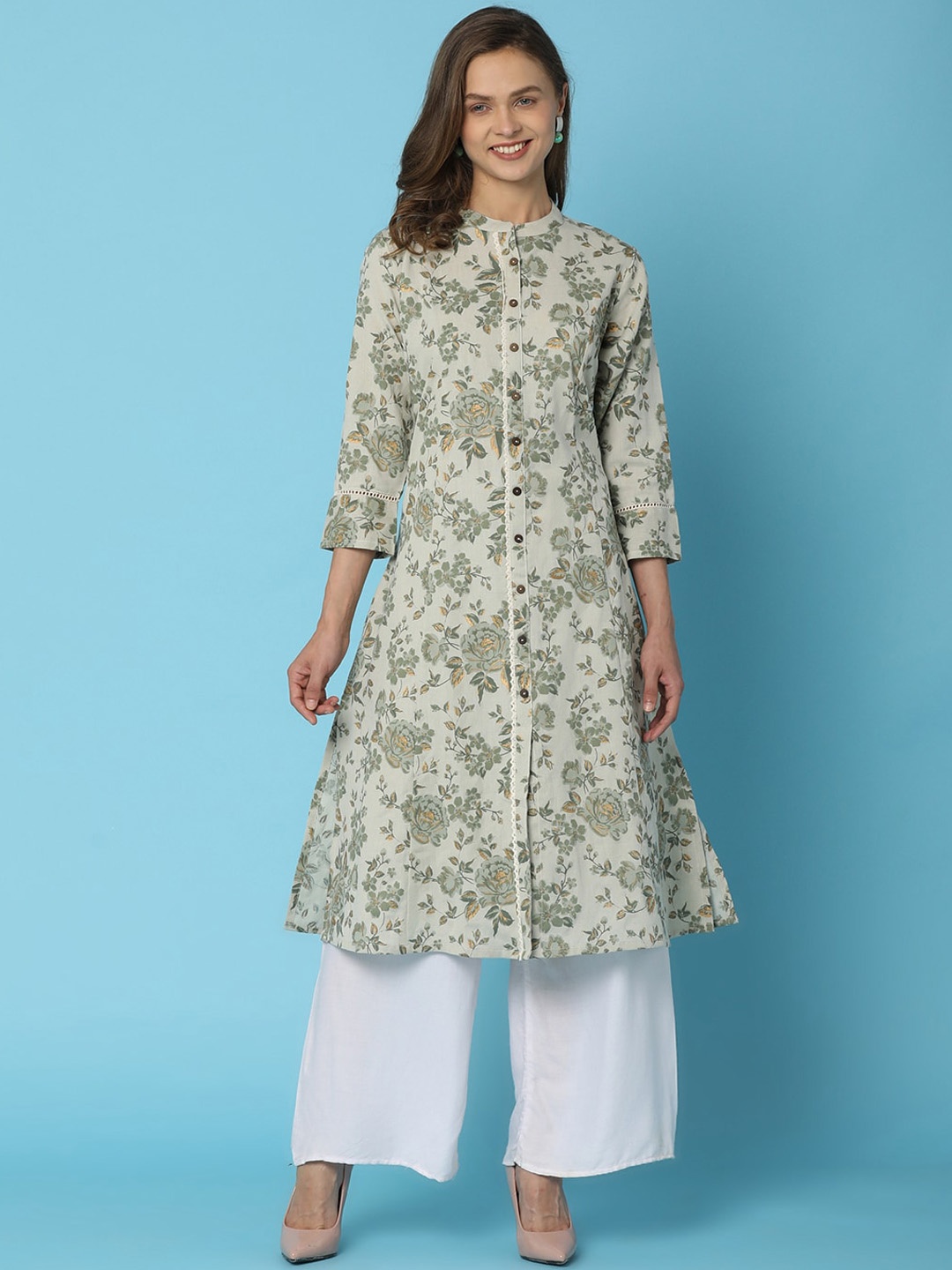 

V-Mart Floral Printed Mandarin Collar Cotton A-Line Kurta, Green