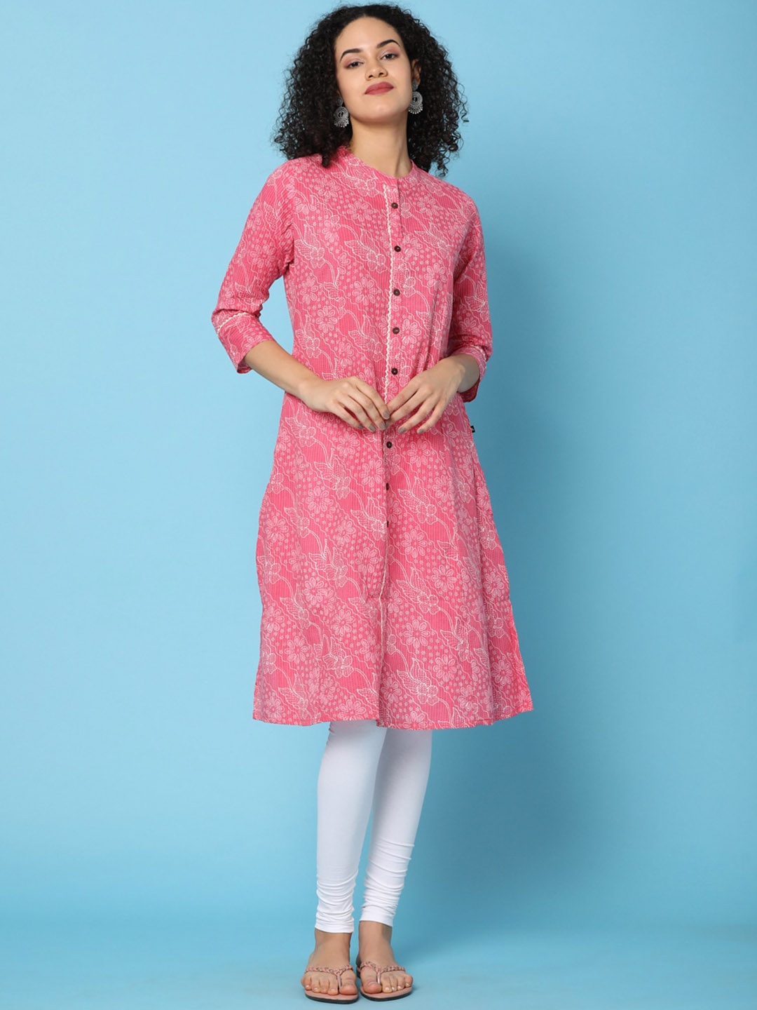 

V-Mart Floral Printed Mandarin Collar Cotton Straight Kurta, Pink