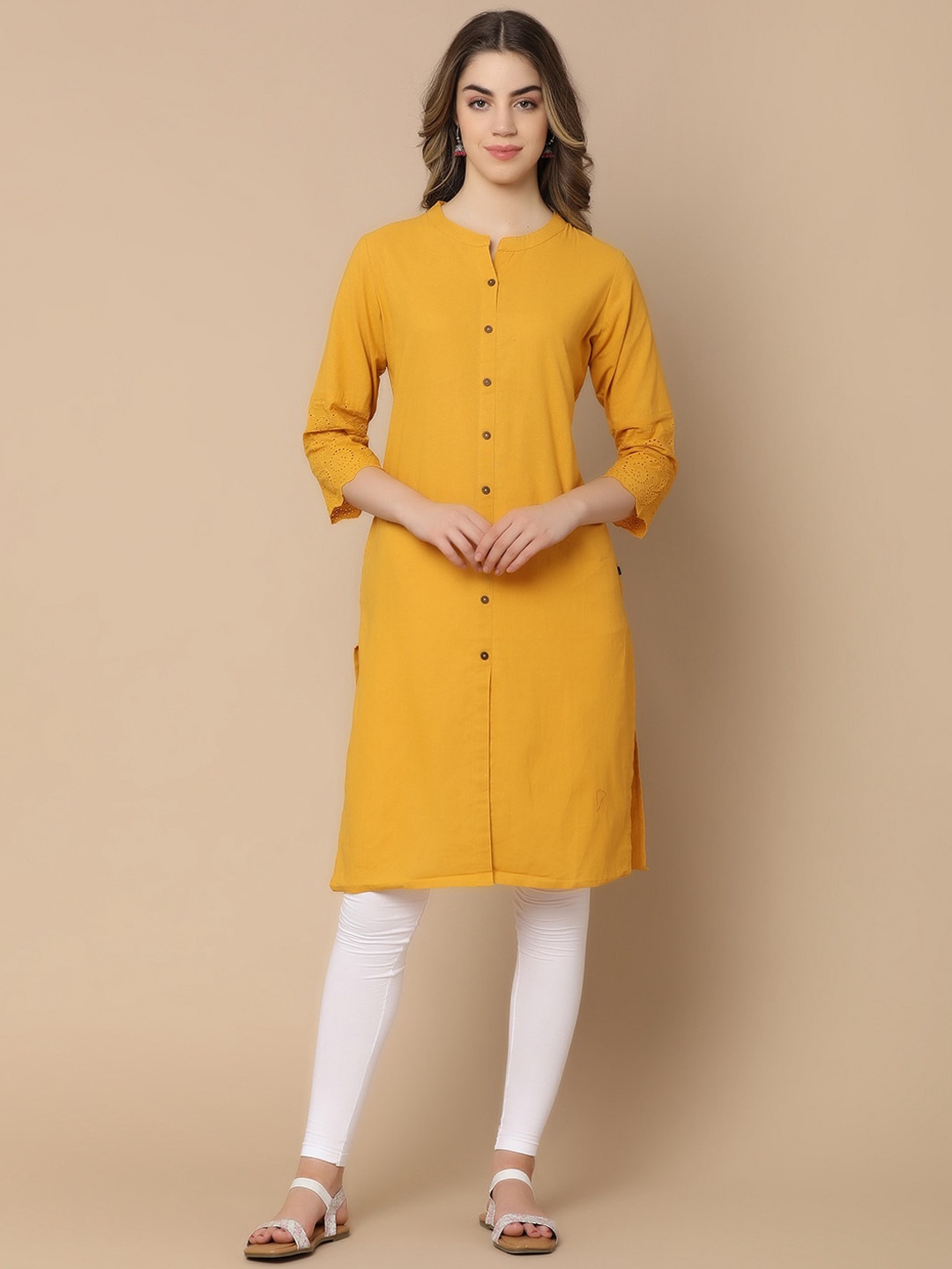 

V-Mart Mandarin Collar Thread Work Cotton Straight Kurta, Mustard