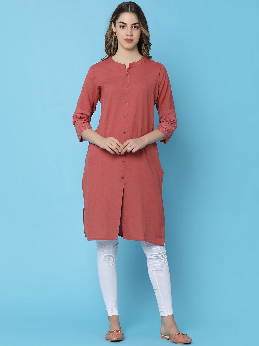 

V-Mart Mandarin Collar Thread Work Cotton Straight Kurta, Pink