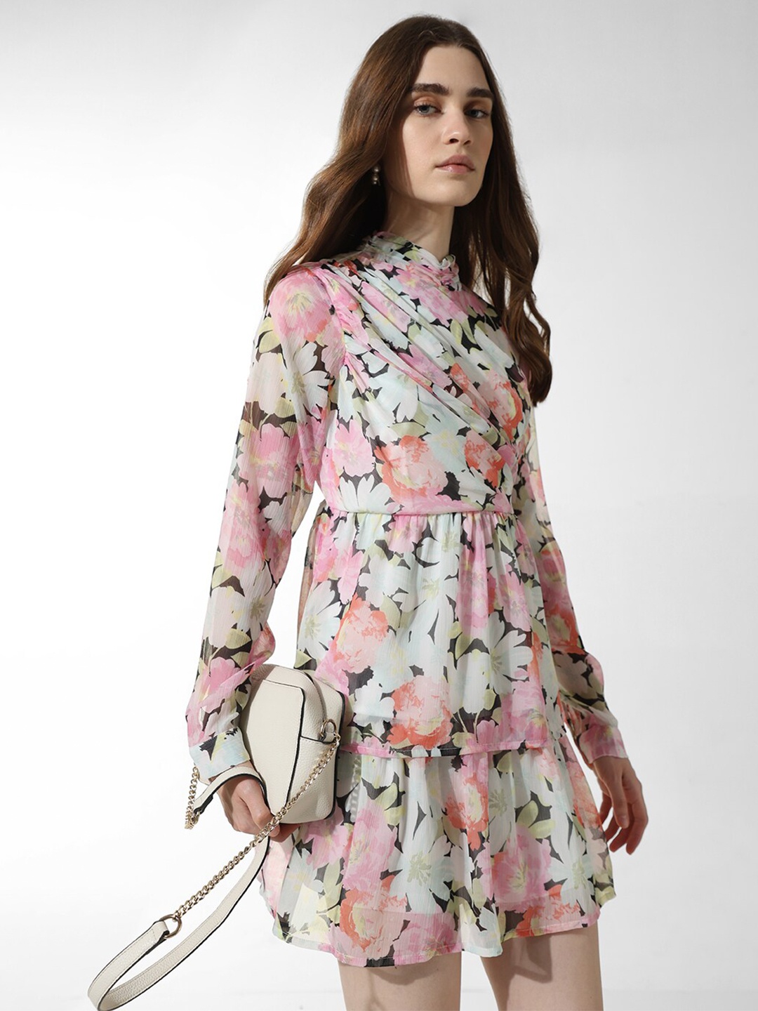 

ONLY ONLPROMISE TERRY LS Floral Printed Cuffed Sleeves Gathered A-Line Dress, White