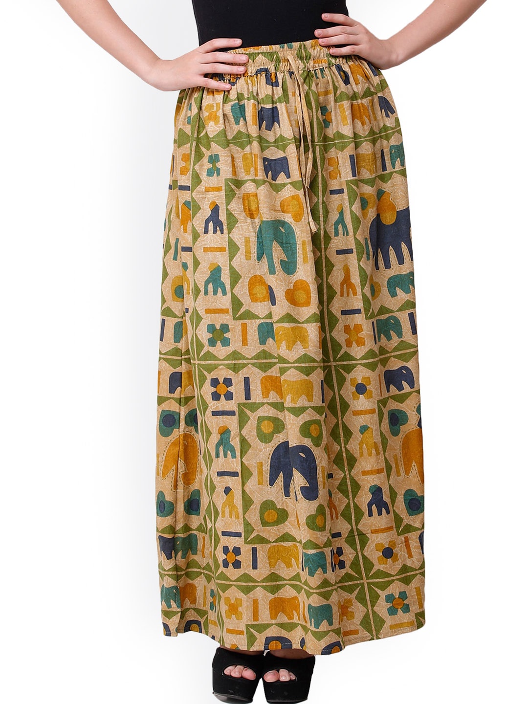

Exotic India Italian-Straw Stone-Washed Elephant Printed Pure Cotton Flared Maxi Skirt, Green