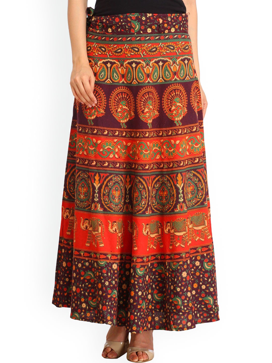 

Exotic India Printed Pure Cotton Wrap Maxi Skirts, Red