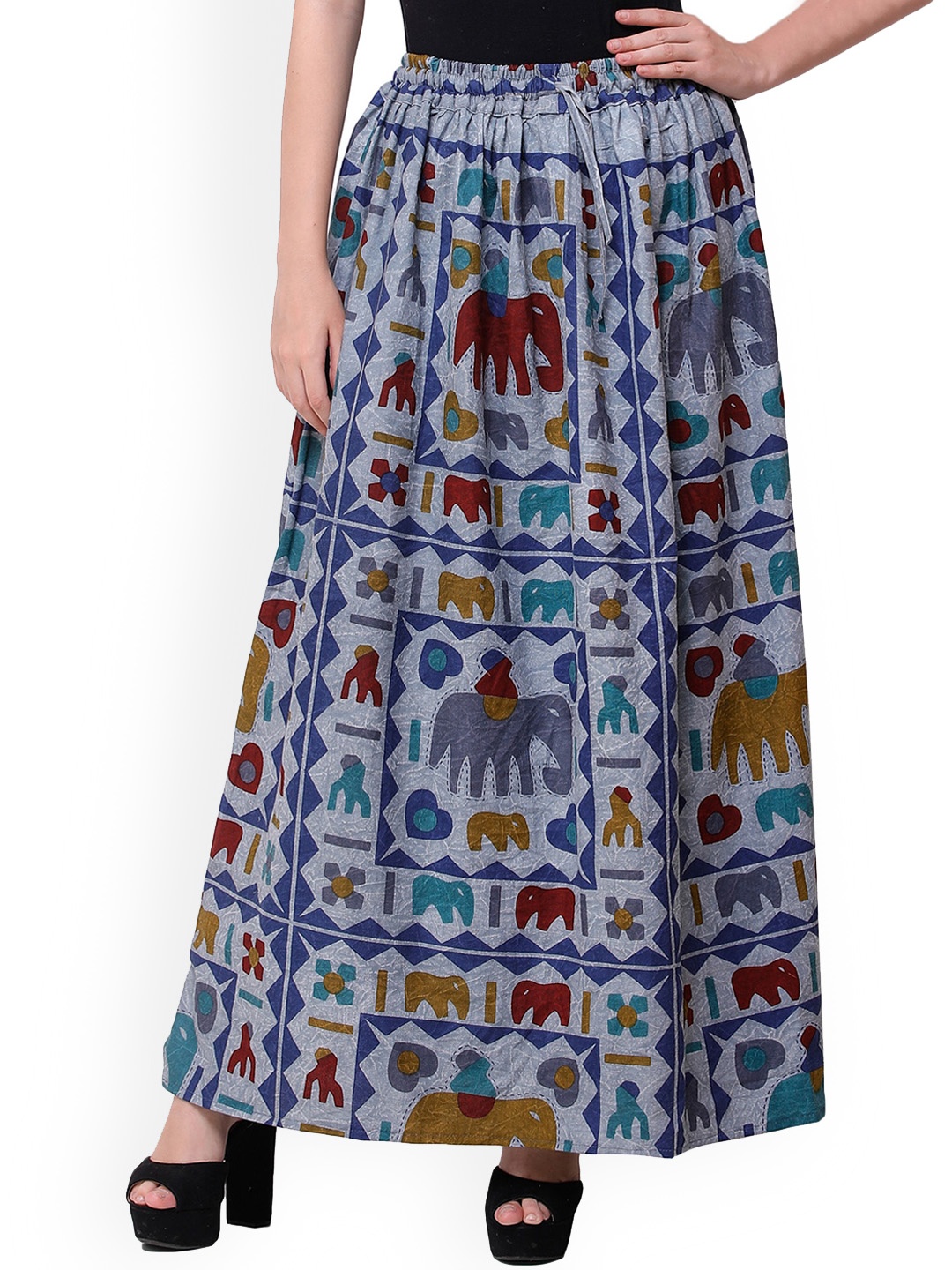 

Exotic India Printed Pure Cotton Flared Maxi Skirts, Grey