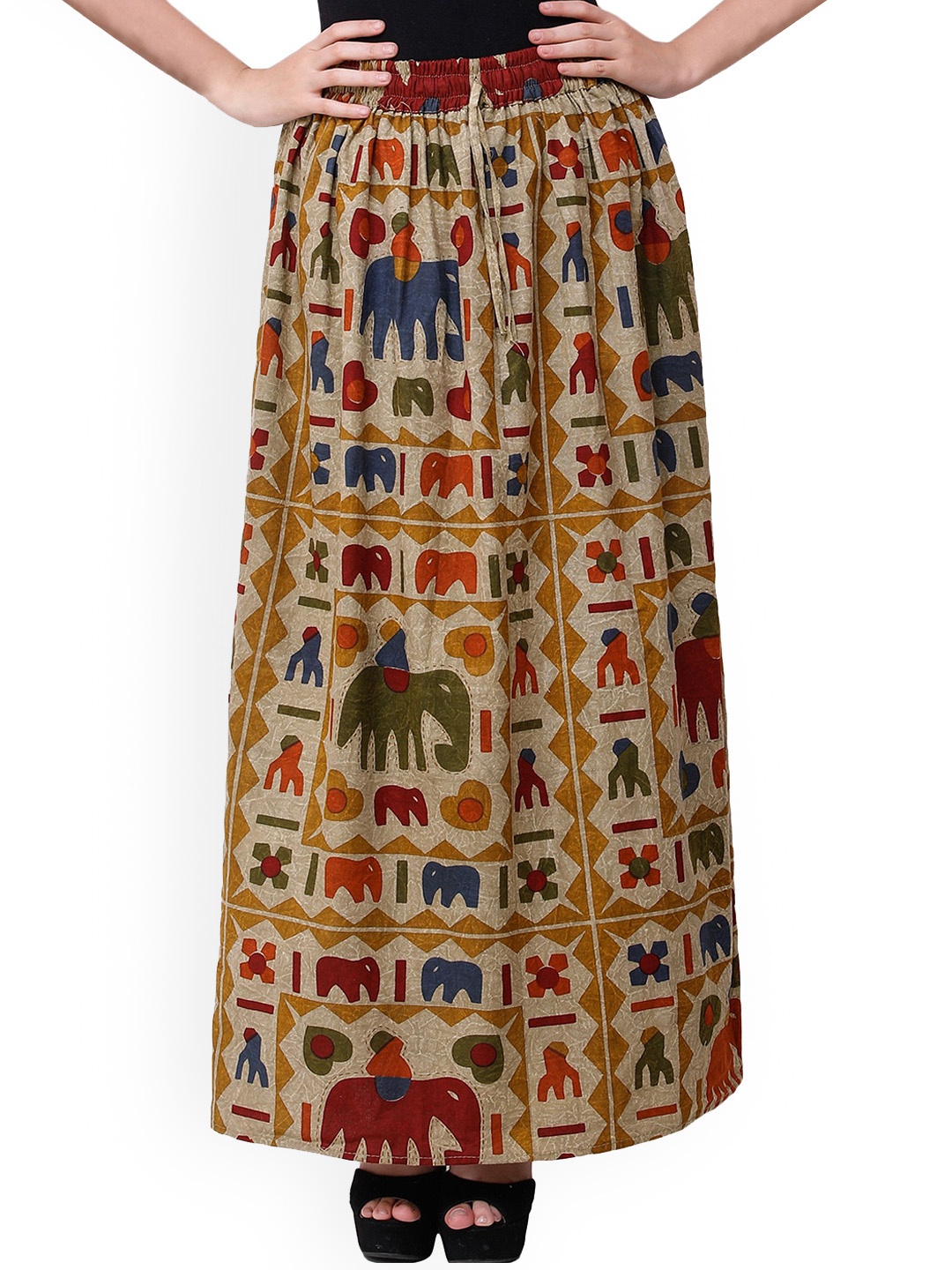 

Exotic India Italian-Straw Stone-Washed Elephant Printed Pure Cotton Flared Maxi Skirt, Green