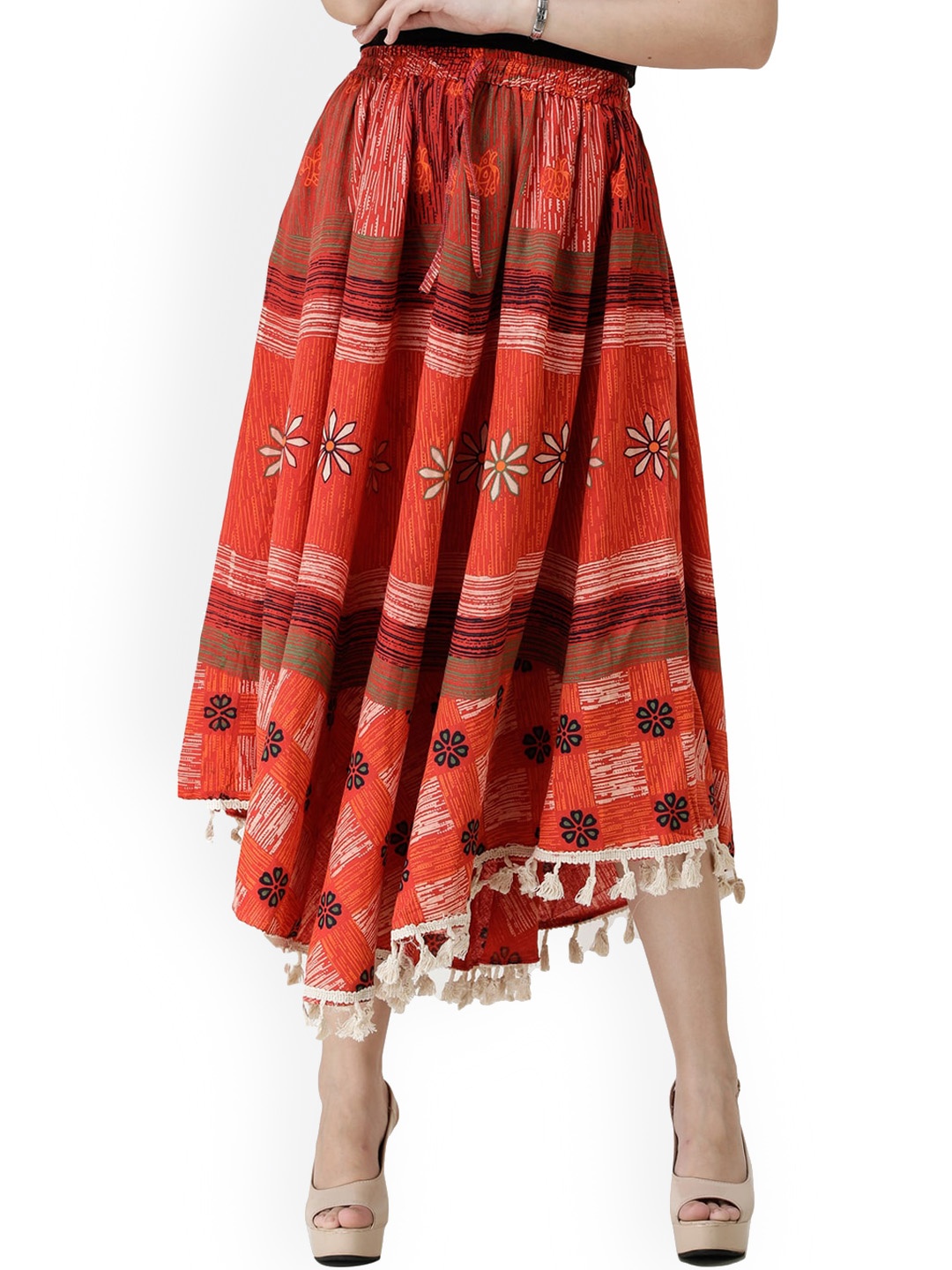 

Exotic India Printed Pure Cotton Wrap Asymmetric Midi Skirts, Red