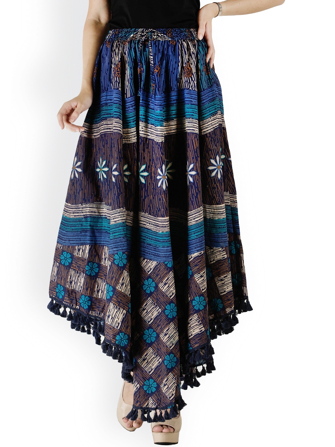 

Exotic India Printed Pure Cotton Fish-Cut Skirt With Tassels On Border, Navy blue