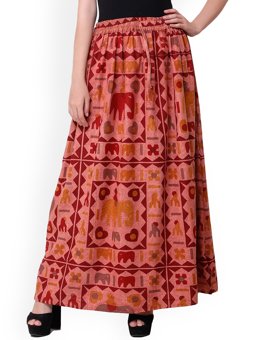 

Exotic India Printed Pure Cotton Wrap Maxi Skirts, Pink