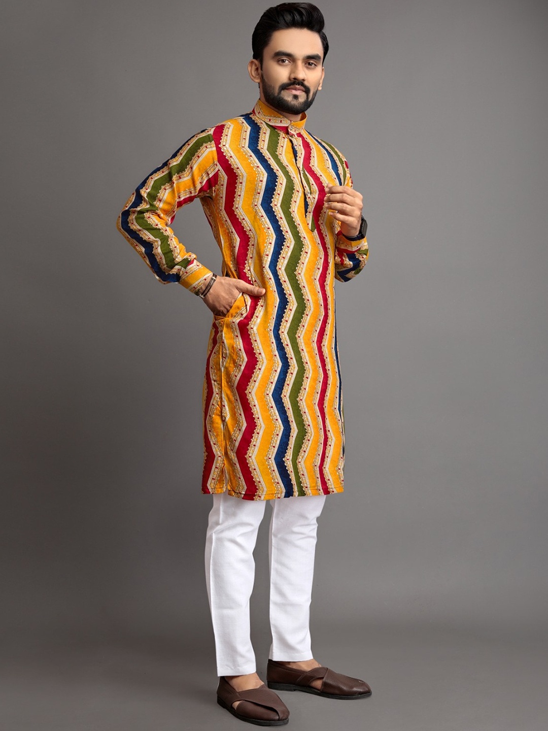 

BAESD Geometric Printed Band Collar Sleeves Straight Kurta, Yellow