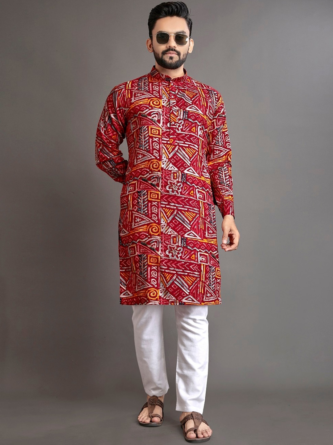 

BAESD Ethnic Motifs Printed Band Collar Long Sleeves Straight Kurta, Red