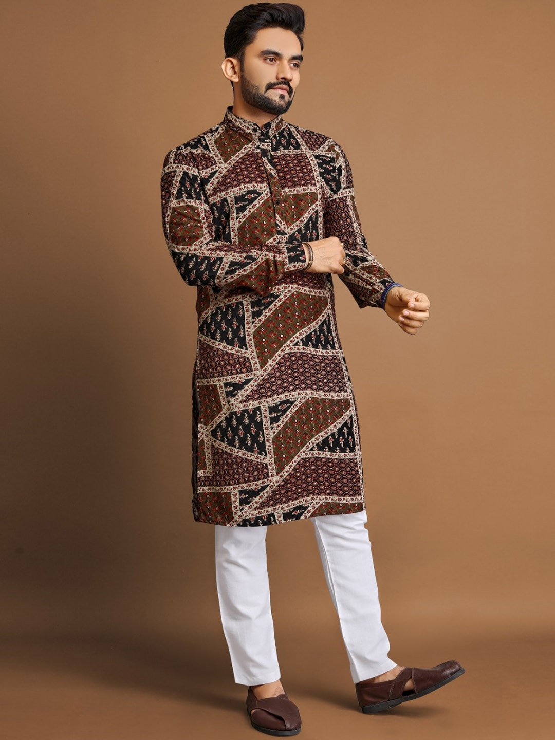 

BAESD Ethnic Motifs Printed Band Collar Sleeves Straight Kurta, Brown