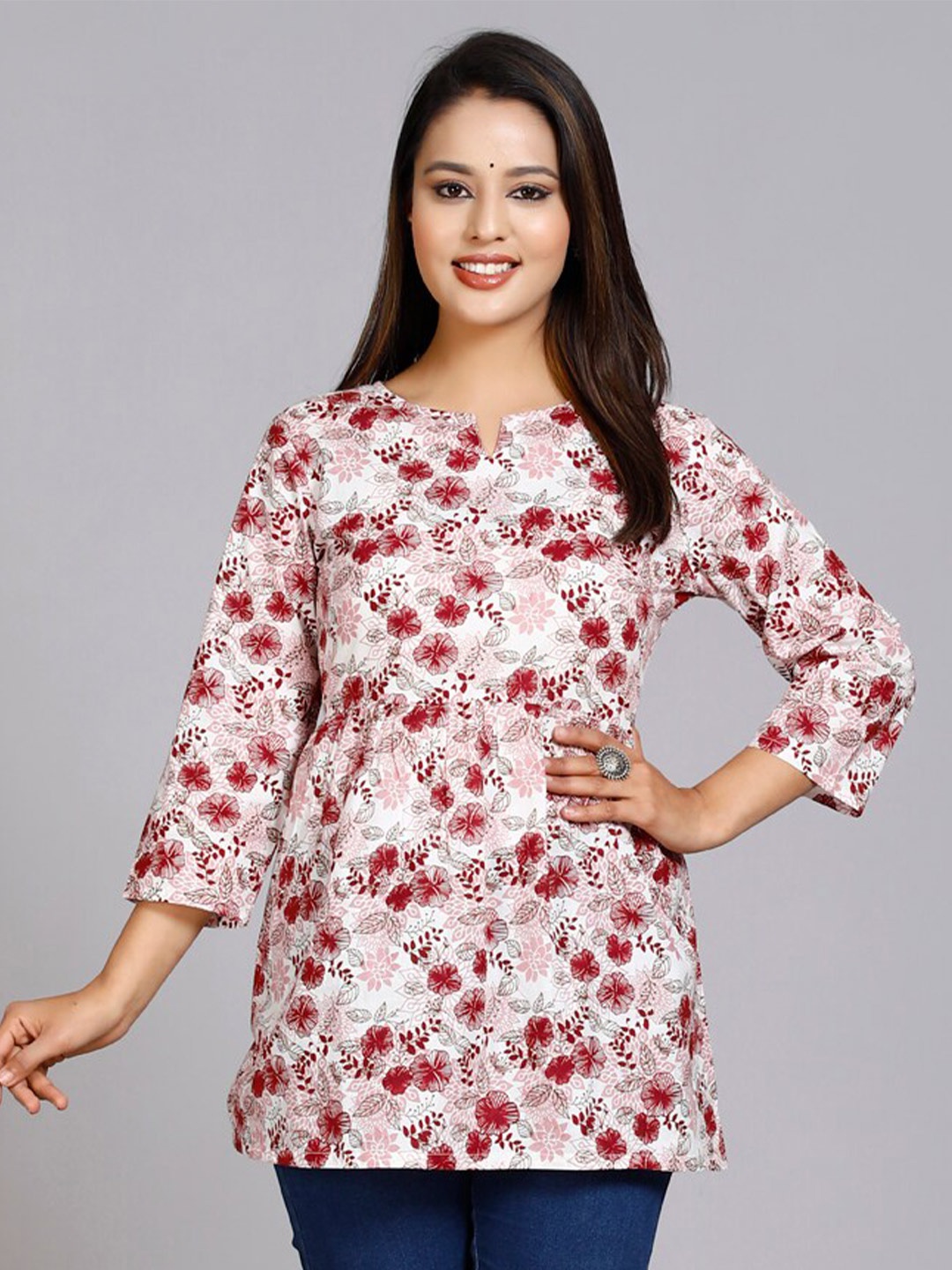 

HERE&NOW Floral Printed Pure Cotton Kurti, Maroon