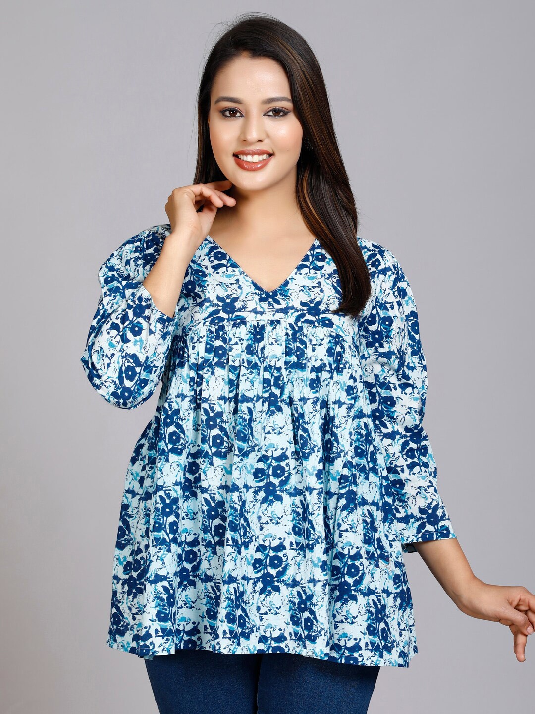 

HERE&NOW Floral Printed Pure Cotton Kurti, Blue