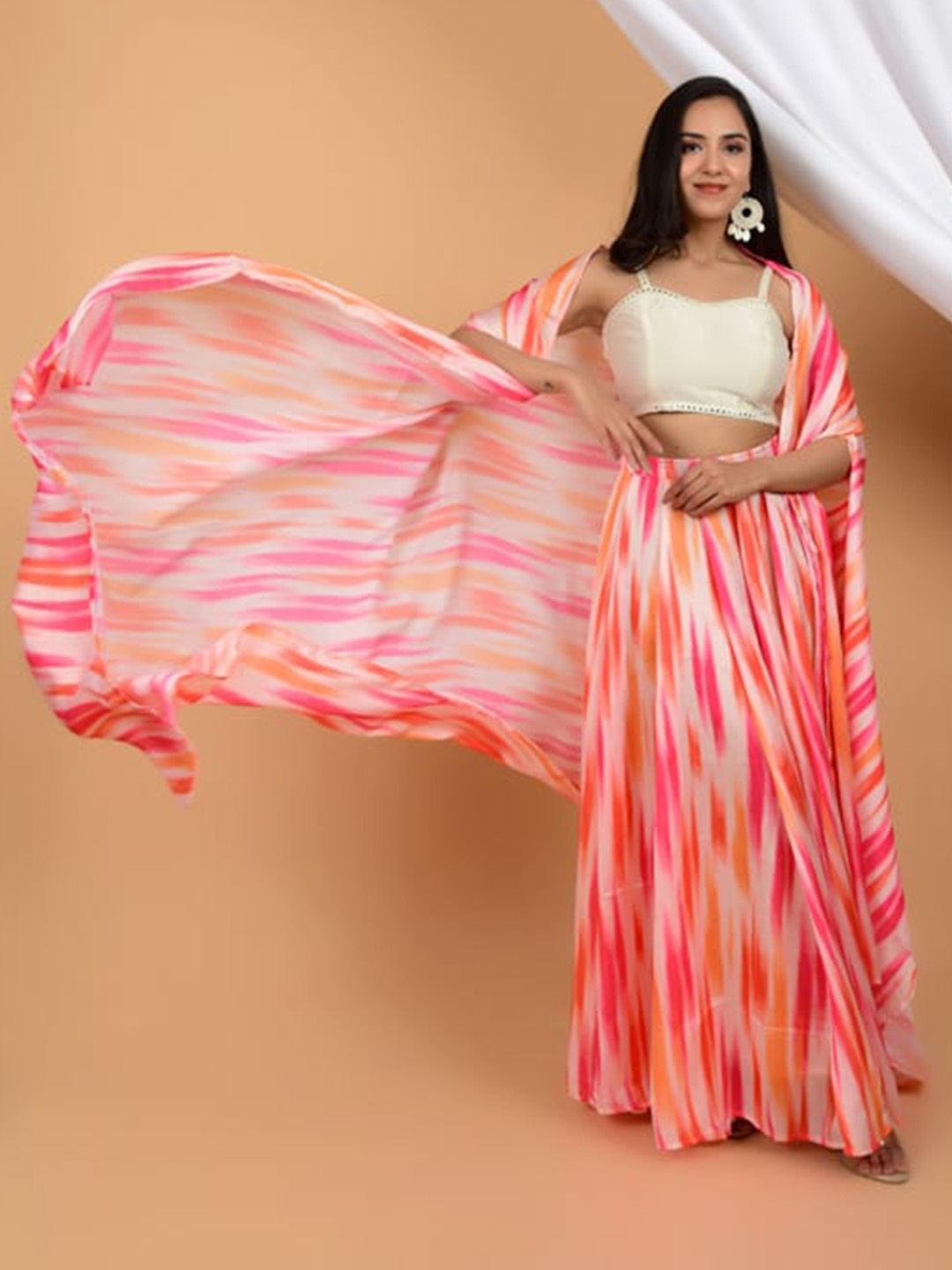 

HANDME Blossom Breeze Roohani Printed Sweetheart Neck Top & Flared Skirt & Cape Co-Ords, Cream