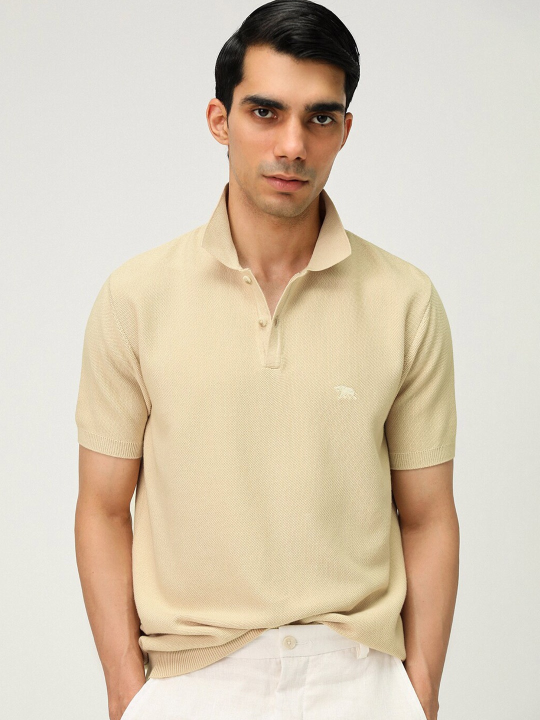 

Andamen Self Design Polo Collar Short Sleeves Casual Tshirt, Beige