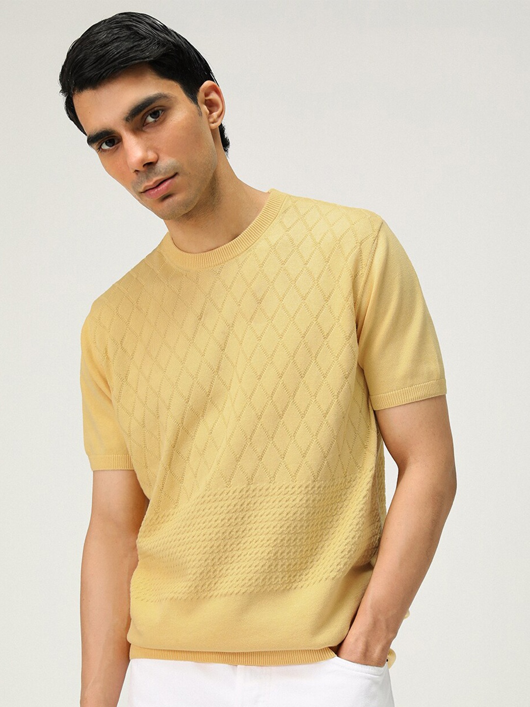 

Andamen Self Design Round Neck Drop-Shoulder Sleeves Casual Tshirt, Yellow
