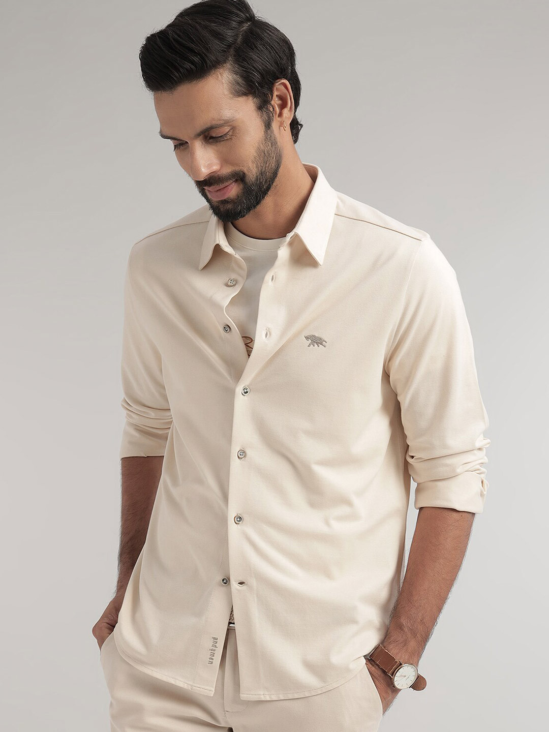 

Andamen Premium Spread Collar Full Sleeves Cotton Shirt, Off white