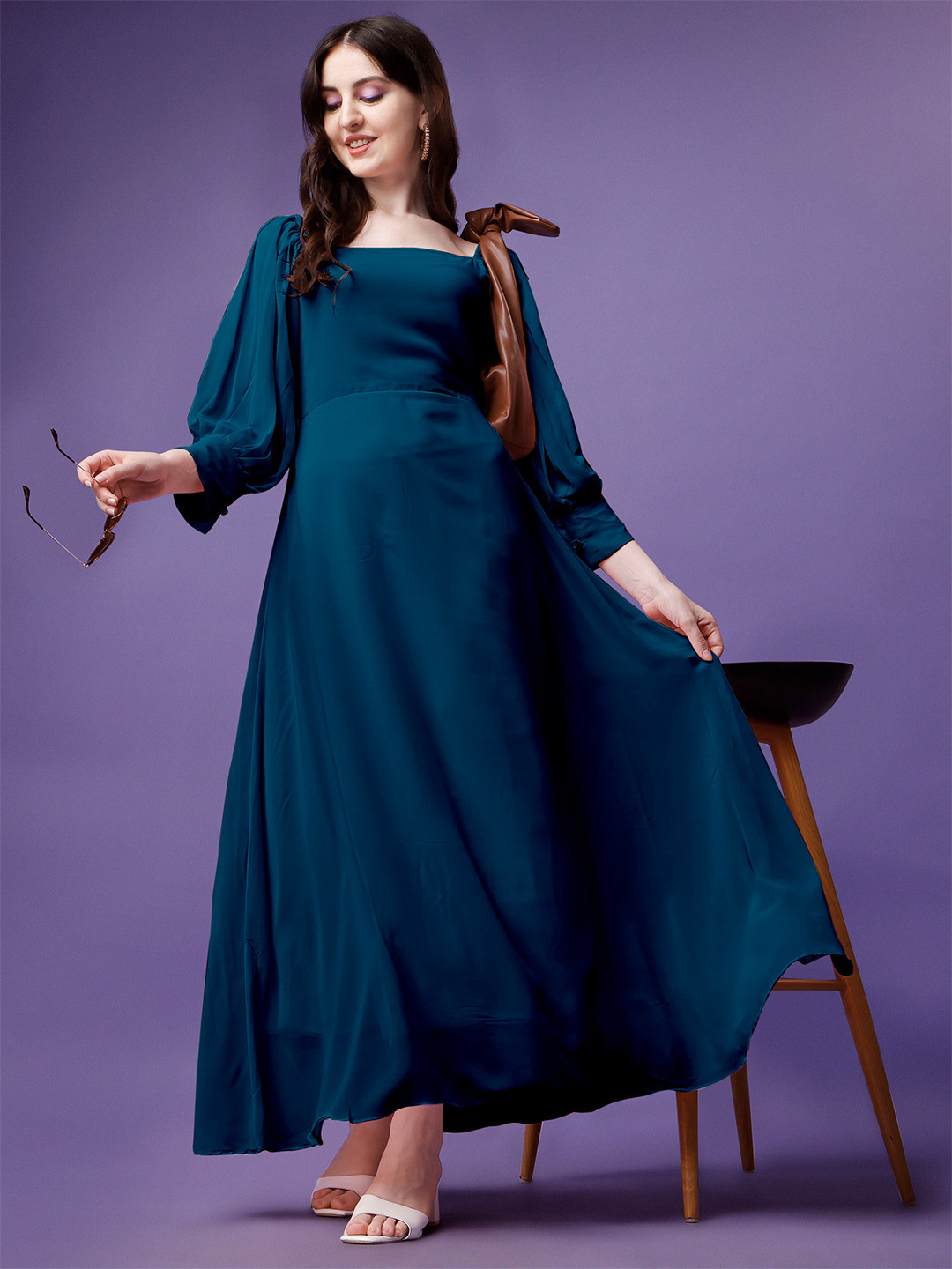 

Femvy Square Neck Long Puff Sleeve Maxi Dress, Blue