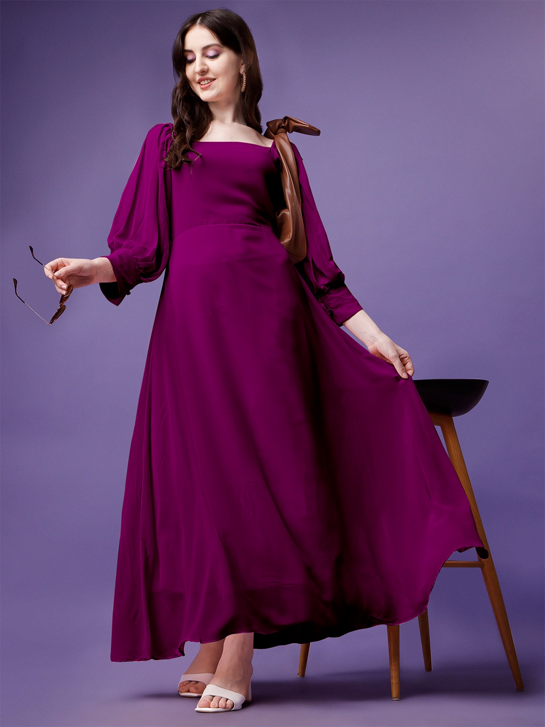 

Femvy Slit Square Neck Long Puff Sleeves Georgette Maxi Dress, Magenta