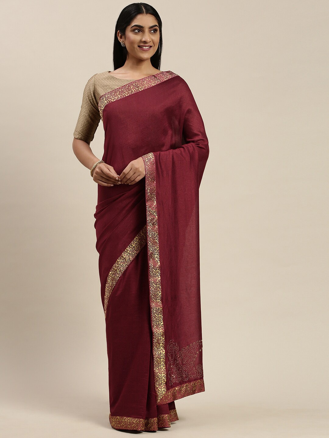 

HERE&NOW Woven Design Zari Designer Saree, Maroon
