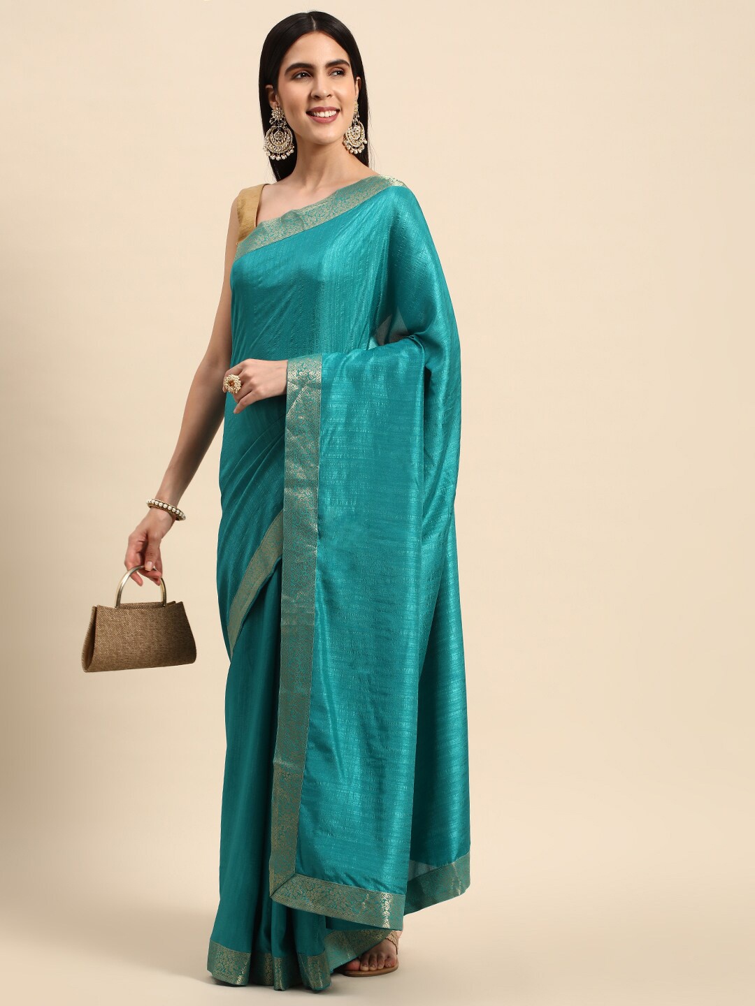 

HERE&NOW Turquoise Blue Zari Woven Design Border Saree