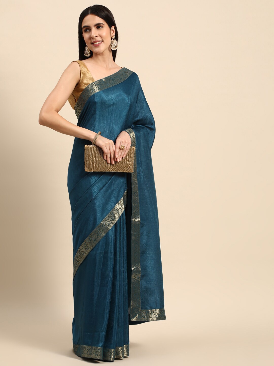 

HERE&NOW Woven Design Zari Silk Blend Saree, Blue