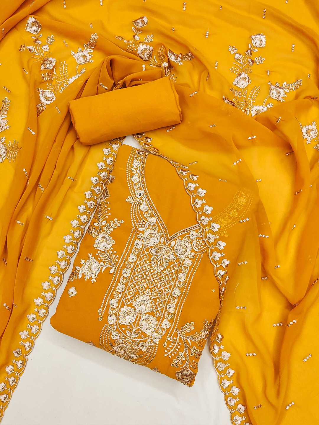 

KALINI Ethnic Motifs Embroidered Beads and Stones Unstitched Dress Material, Yellow