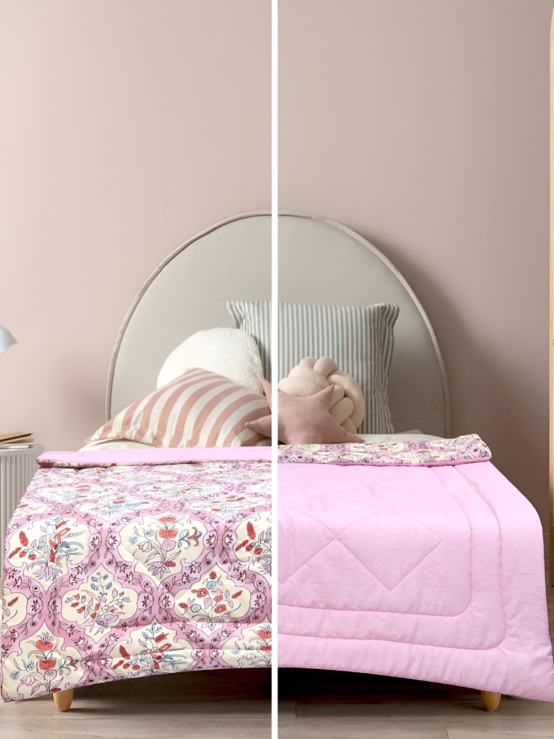 

Supreme Home Collective White & Pink Printed Cotton AC Room 300 GSM Single Bed Comforter