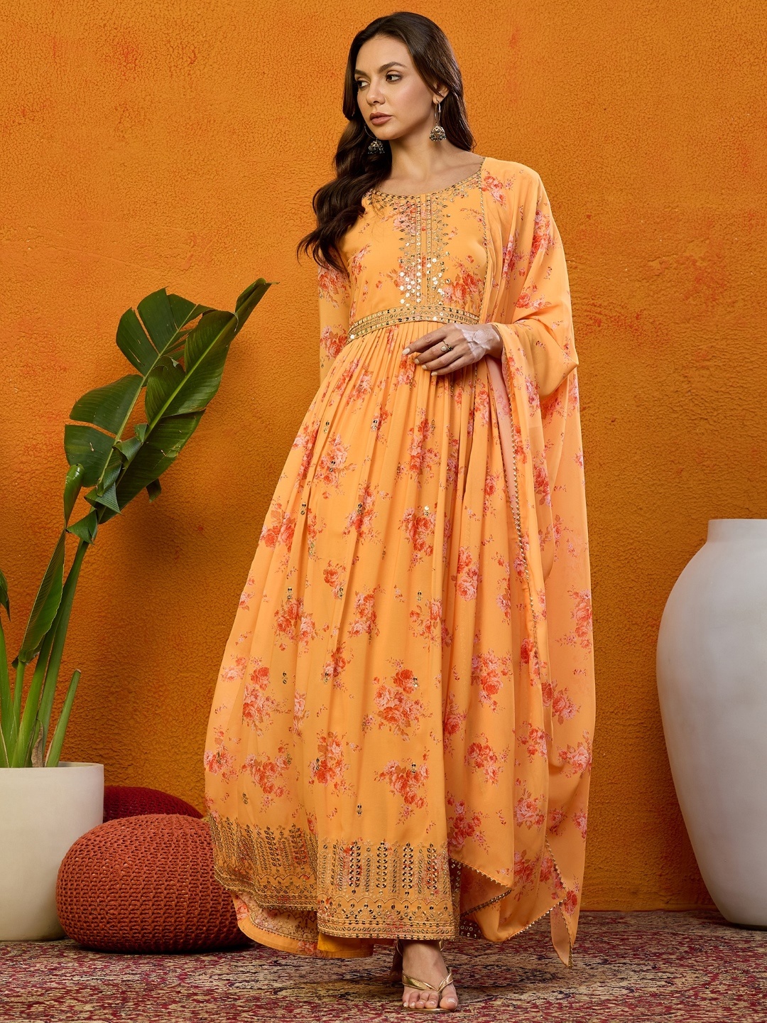 

AHIKA Floral Embroidered Empire Sequinned Kurta & Trousers With Dupatta, Orange