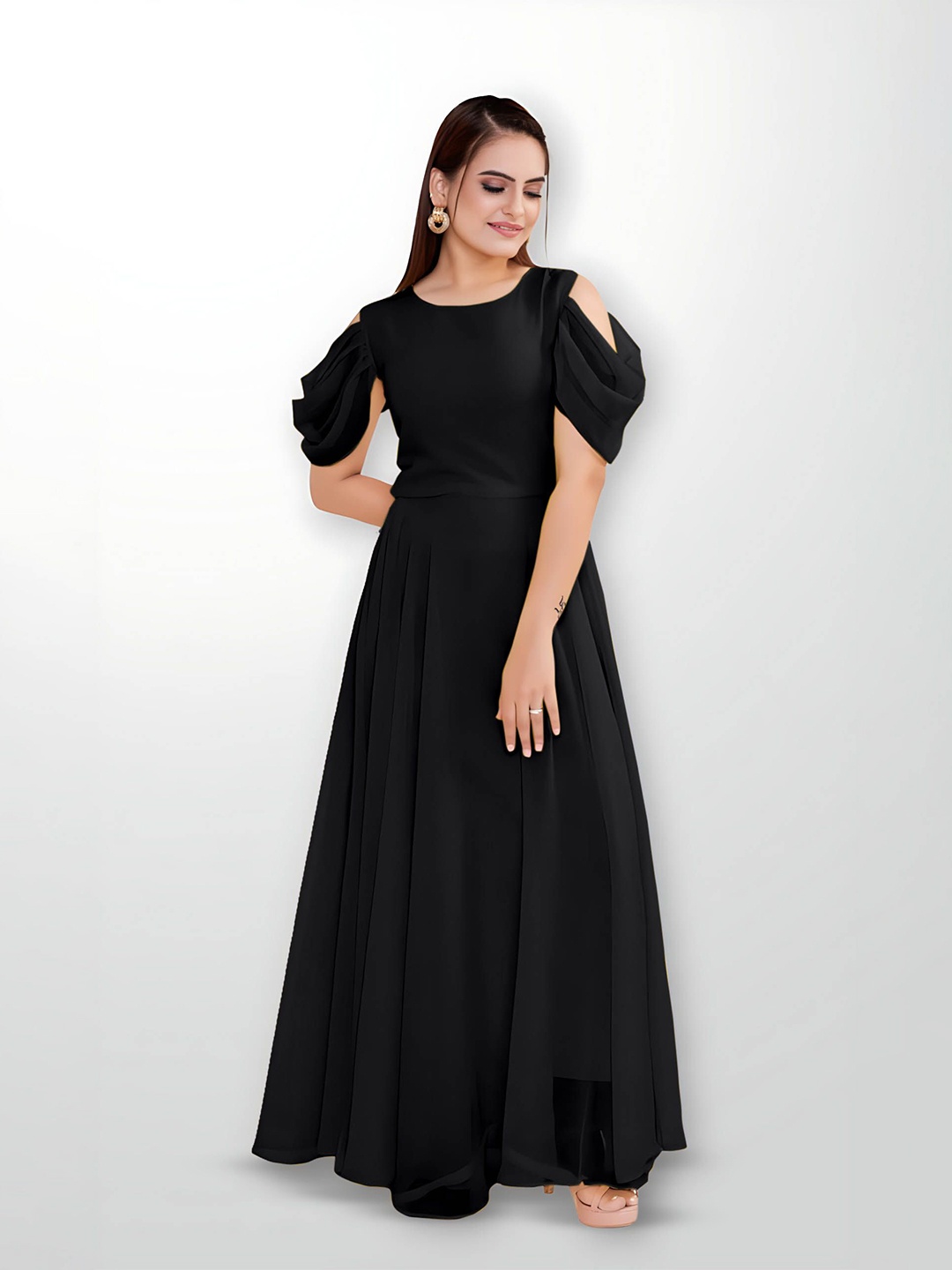 

Femvy Round Neck Cold-Shoulder Maxi Dress, Black