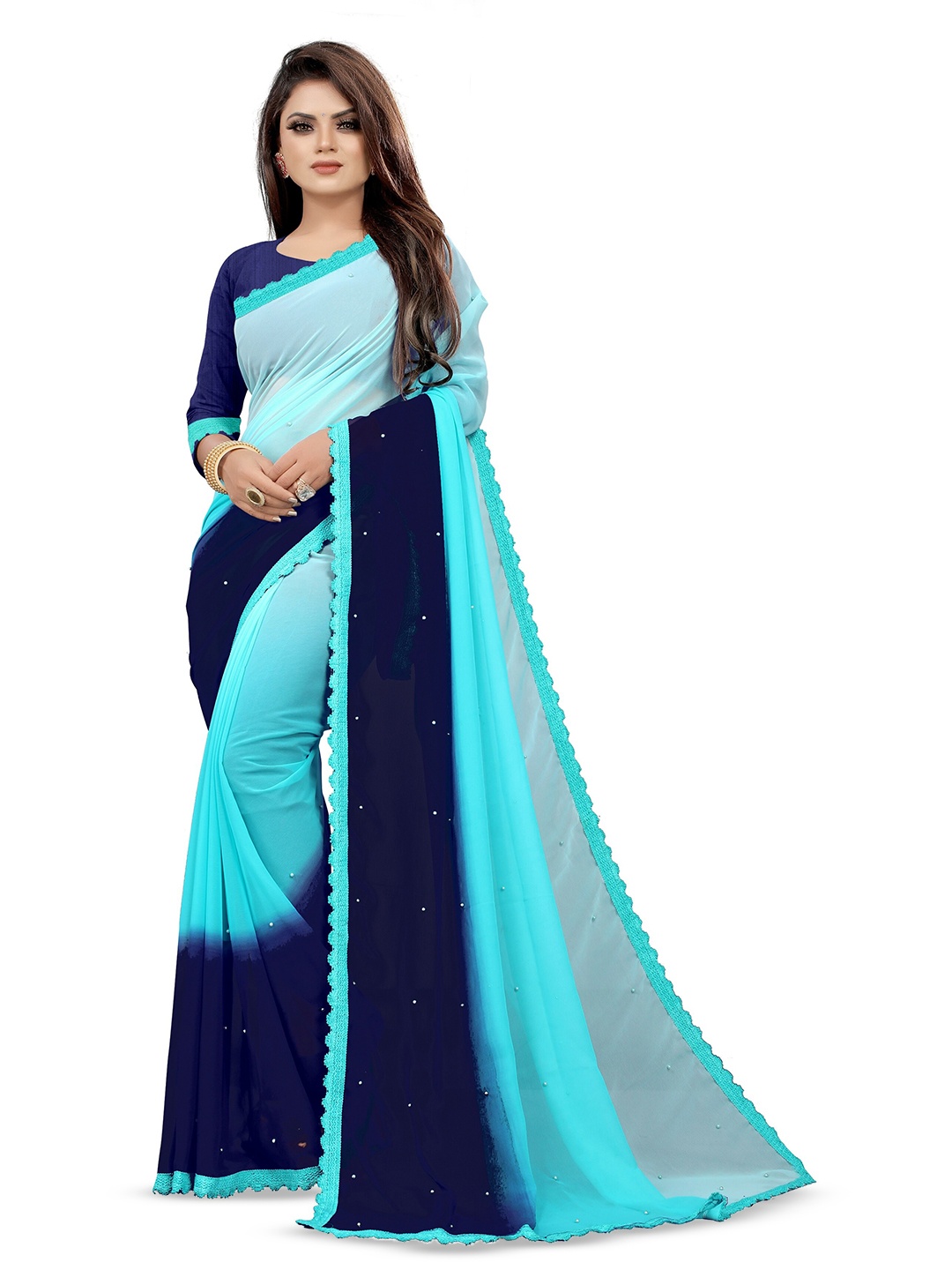 

CARTYSHOP Ombre Beads and Stones Pure Georgette Saree, Blue