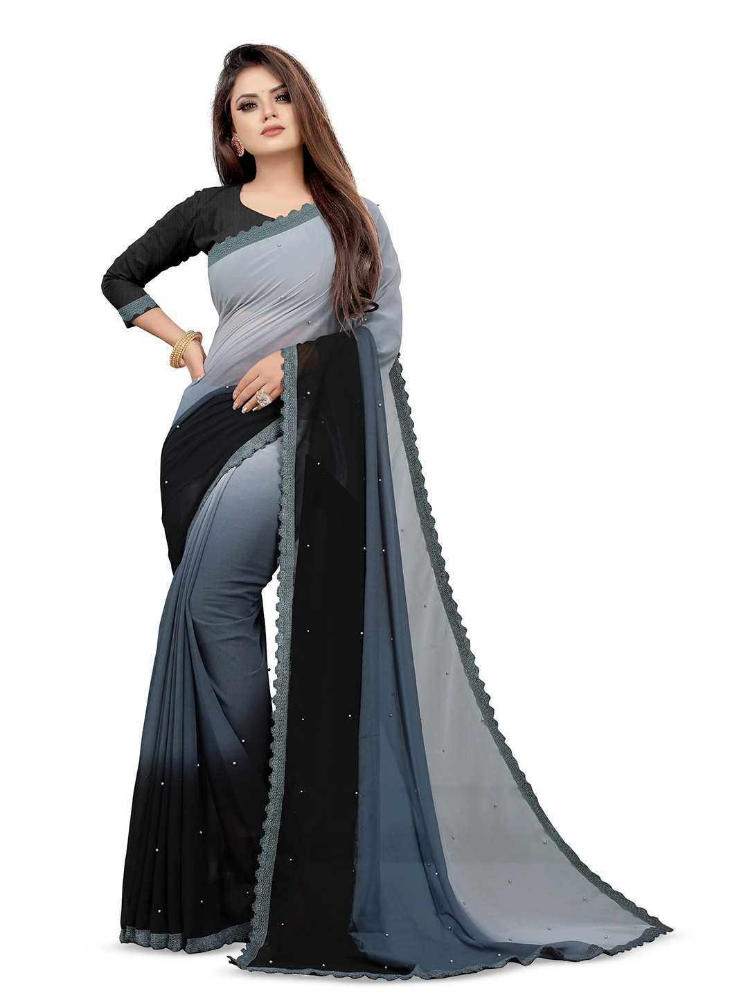 

CARTYSHOP Ombre Beads and Stones Pure Georgette Saree, Grey