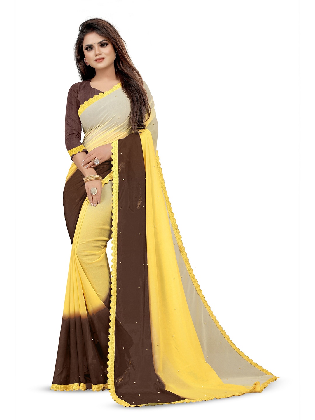 

CARTYSHOP Ombre Beads and Stones Pure Georgette Saree, Yellow