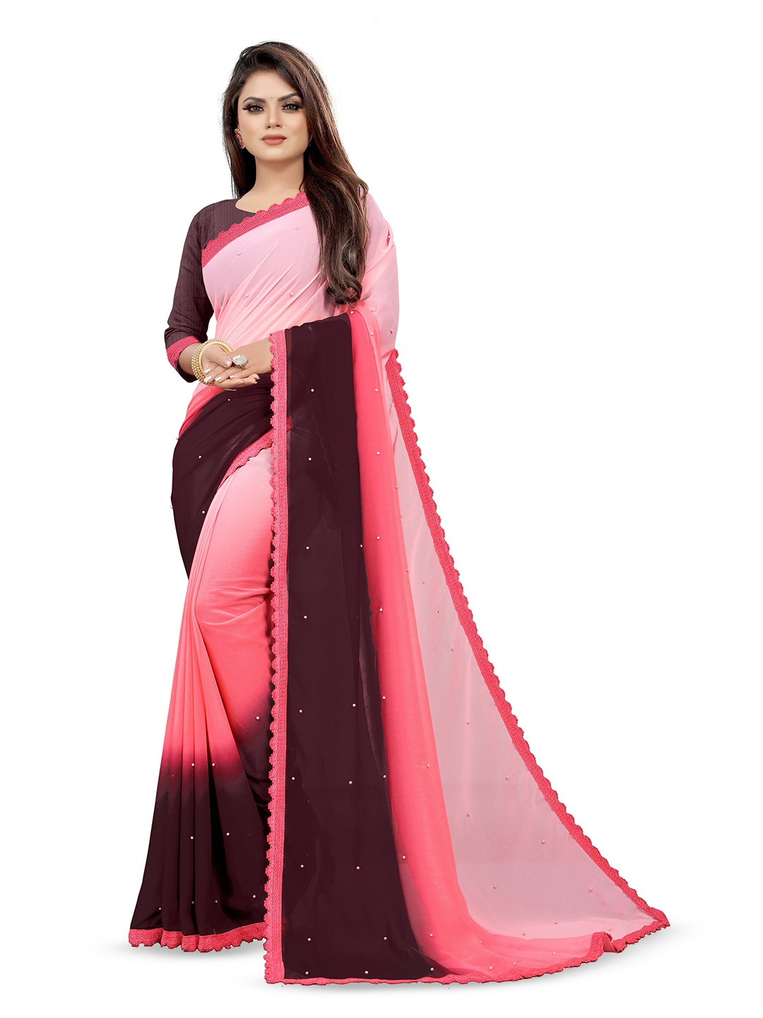 

CARTYSHOP Ombre Beads and Stones Pure Georgette Saree, Pink