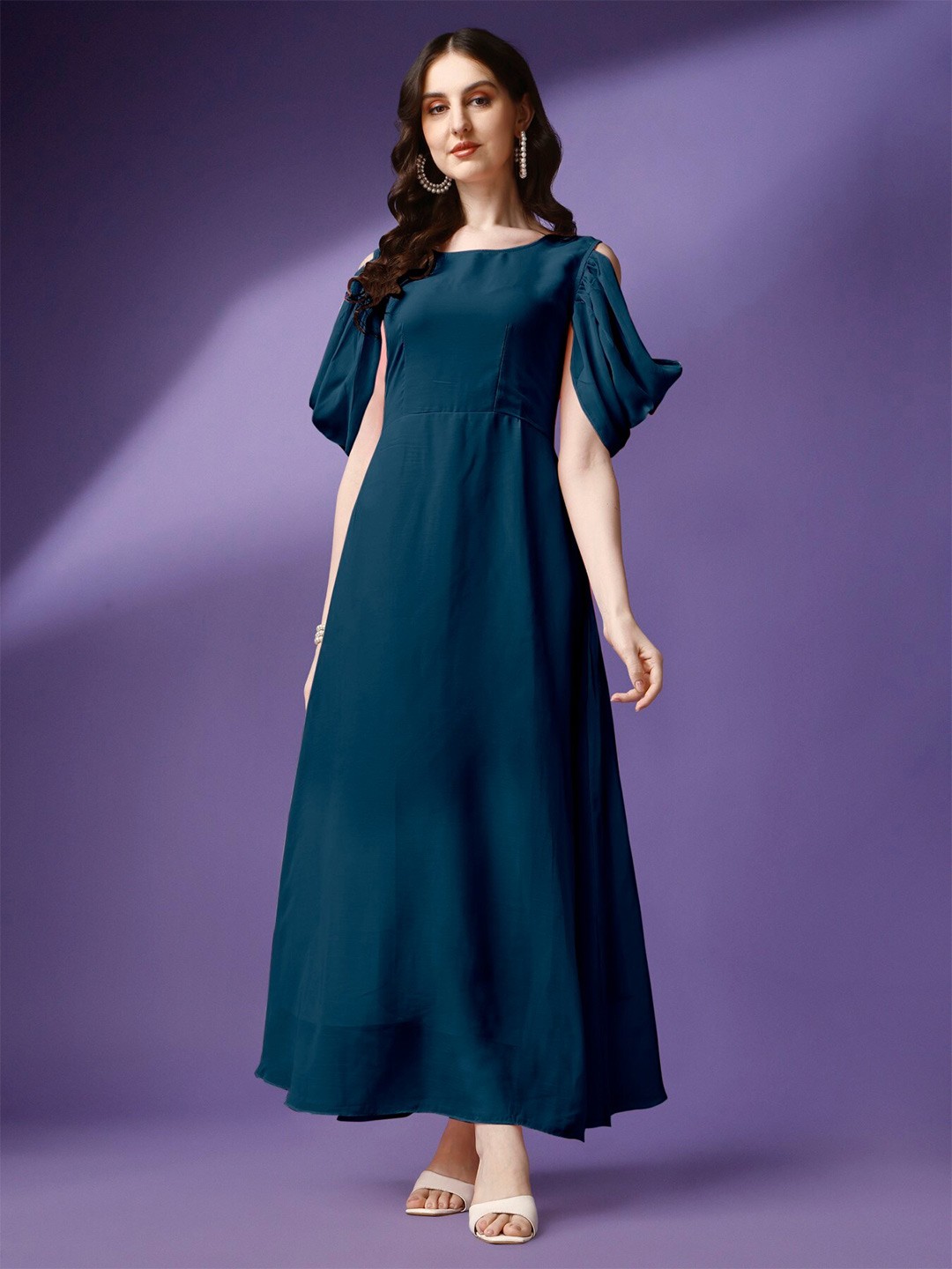 

Femvy Round Neck Short Cold-Shoulder Sleeves Maxi Dress, Blue