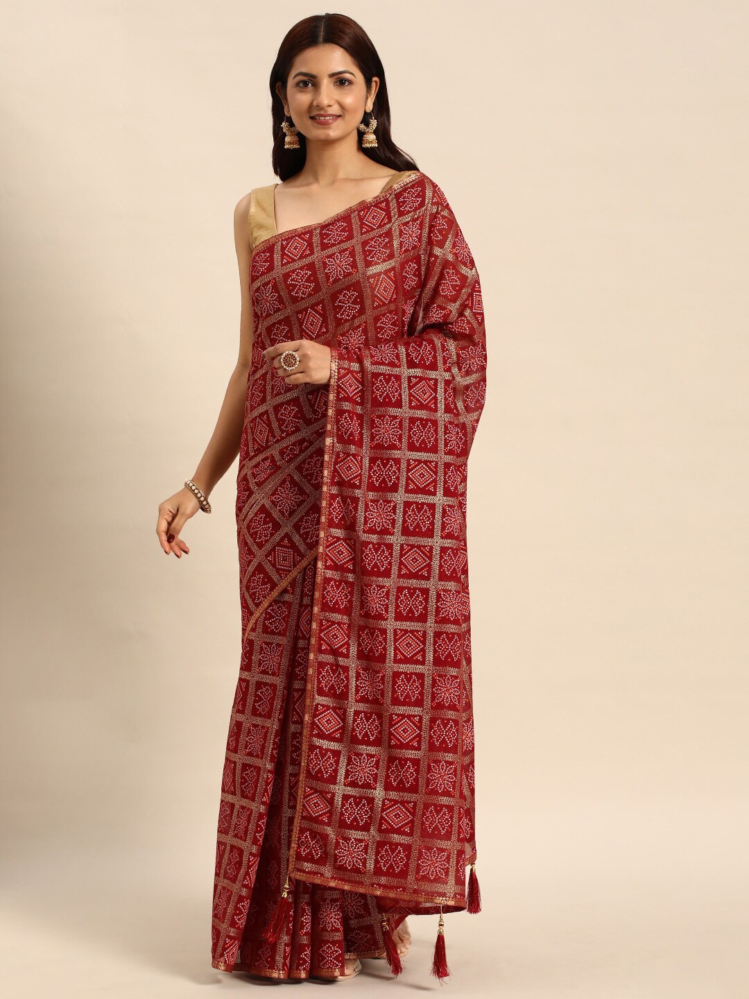 

HERE&NOW Bandhani Printed Zari Pure Chiffon Saree, Maroon