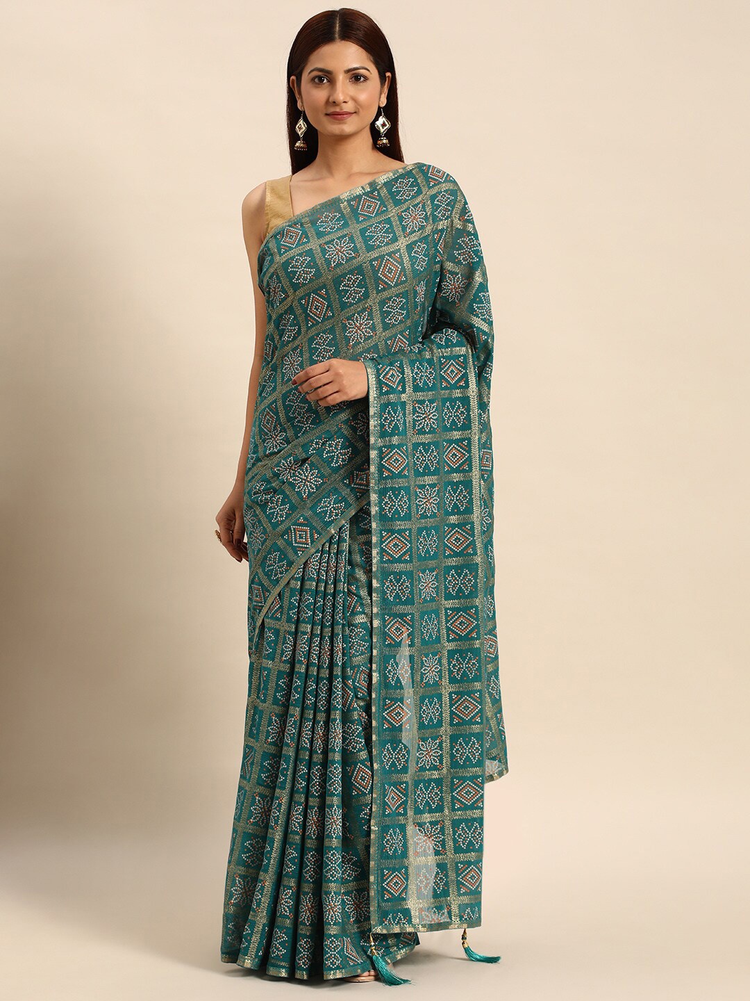 

HERE&NOW Bandhani Printed Zari Pure Chiffon Saree, Turquoise blue