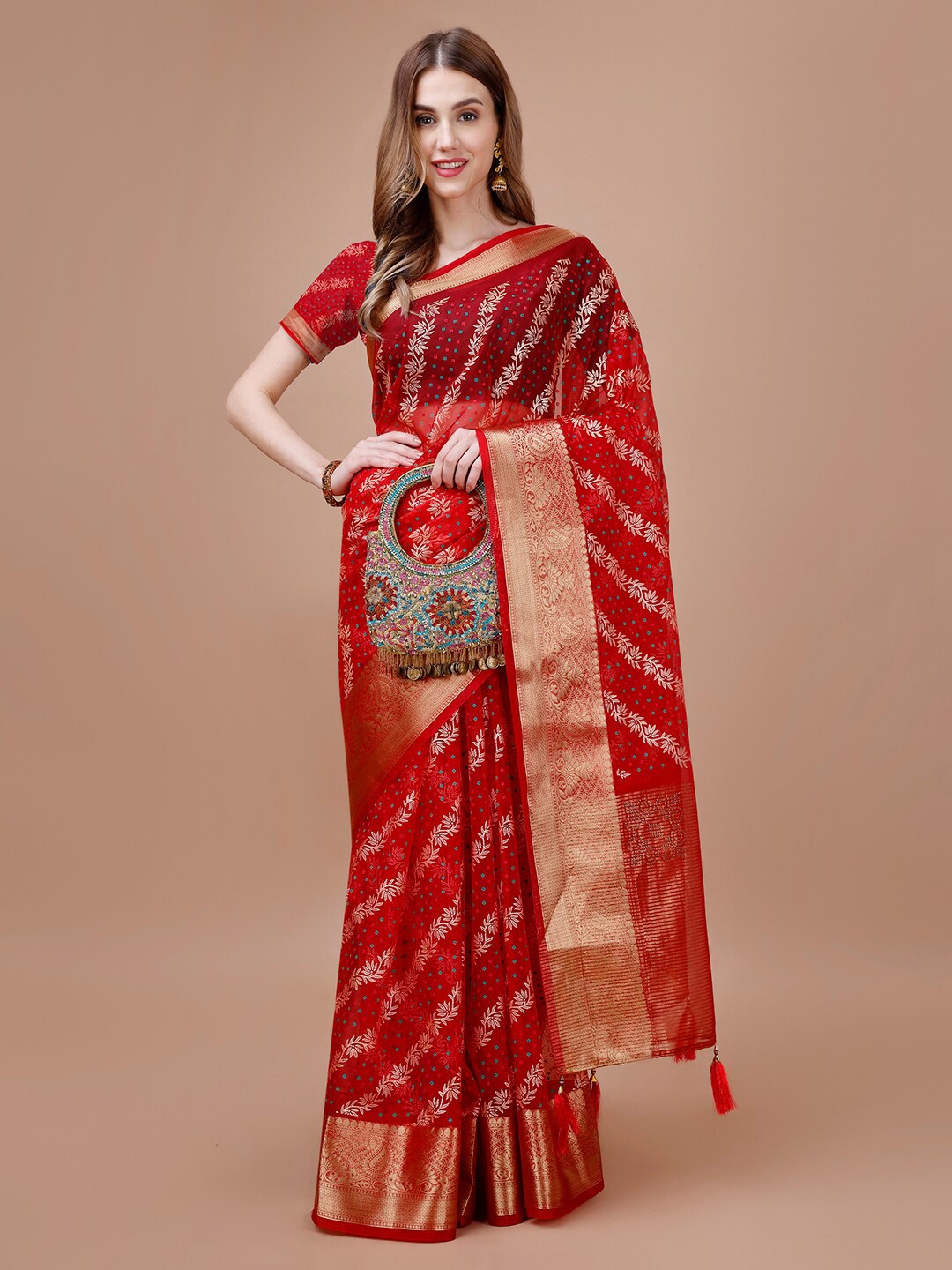 

HERE&NOW Woven Design Zari Organza Saree, Red