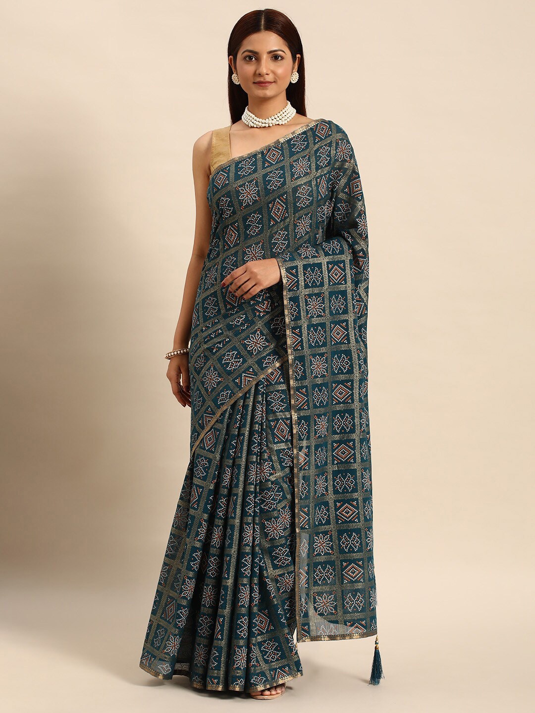 

HERE&NOW Bandhani Printed Zari Pure Chiffon Saree, Blue