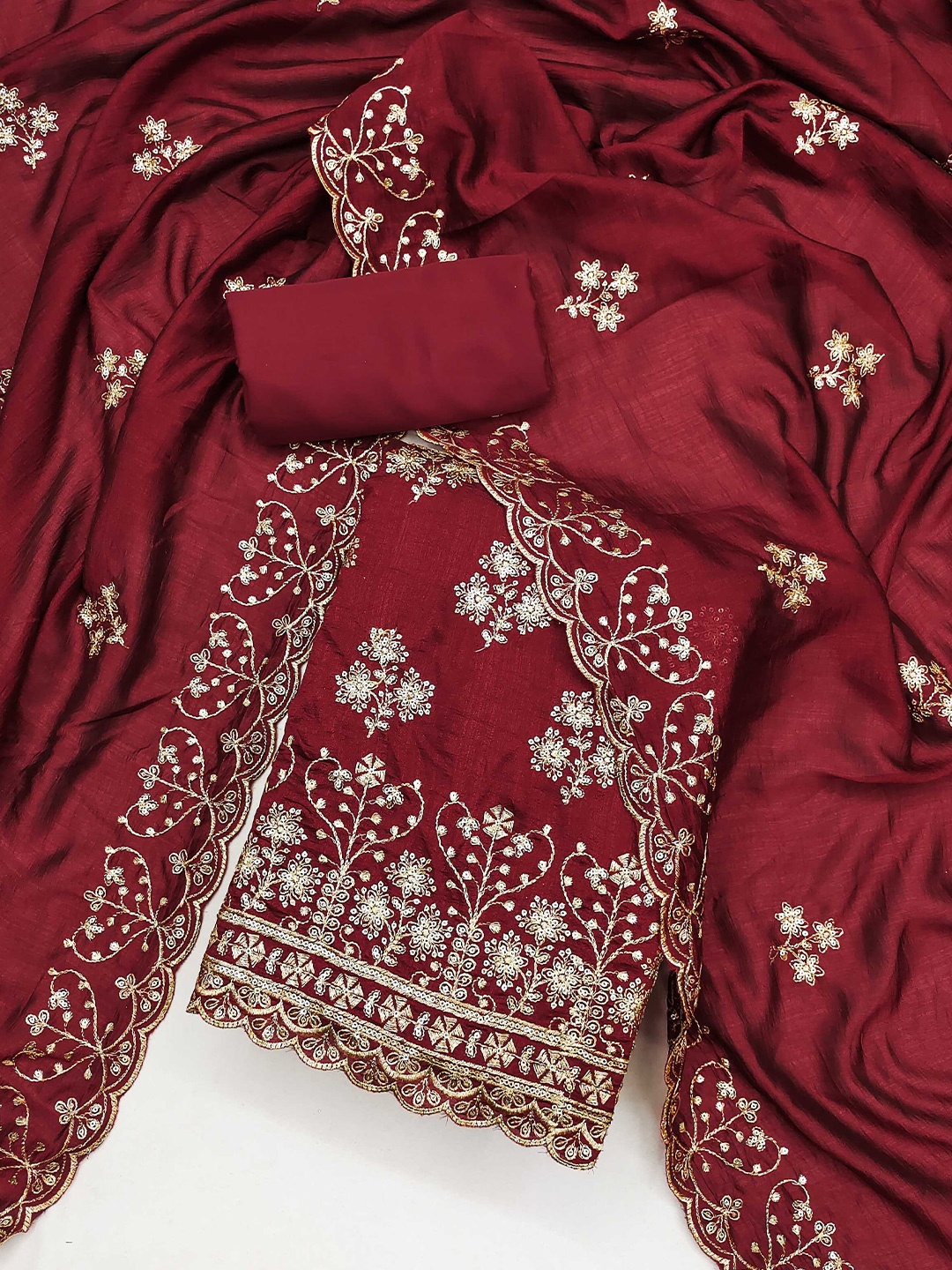 

KALINI Embroidered Unstitched Dress Material, Maroon