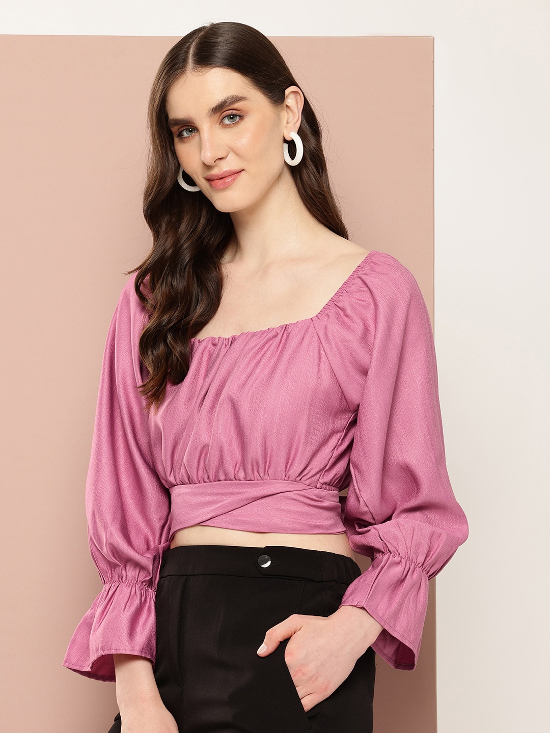 

Ironic Creation Bell Sleeve Blouson Crop Top, Pink