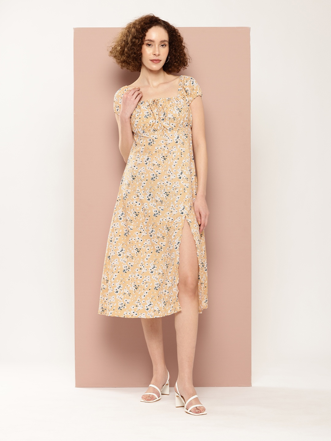 

Ironic Creation Floral Print Puff Sleeve A-Line Midi Milkmaid Style Dress, Yellow