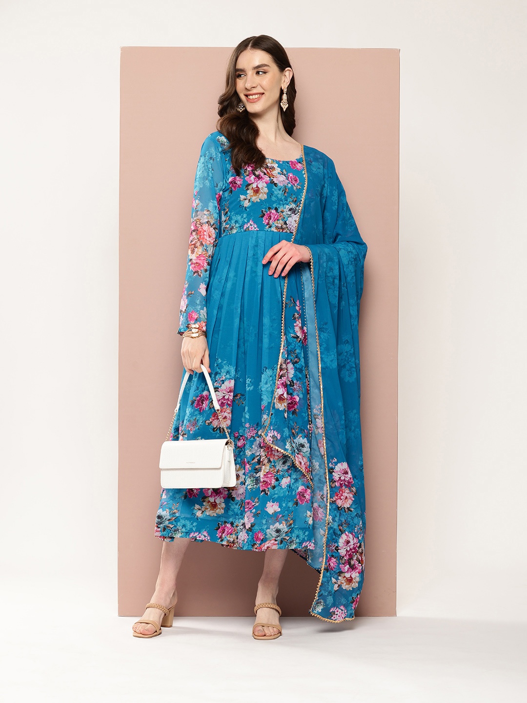 

Ironic Creation Floral Print Georgette A-Line Midi Ethnic Dress With Dupatta, Blue