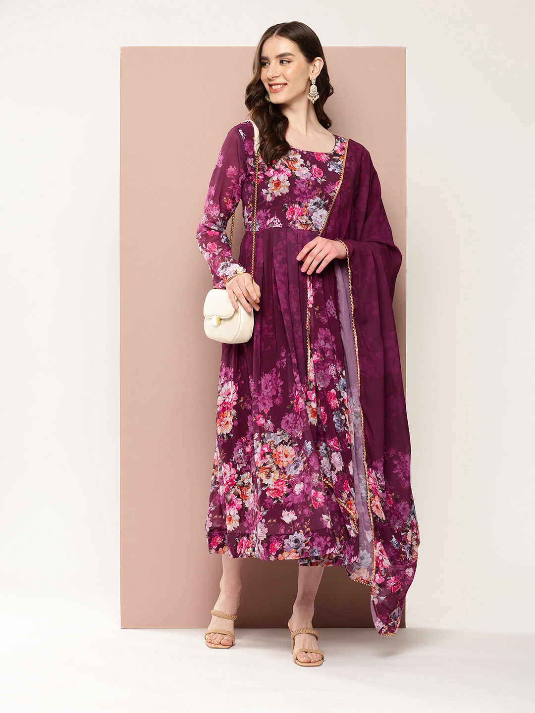 

Ironic Creation Floral Print Georgette A-Line Midi Dress With Dupatta, Purple